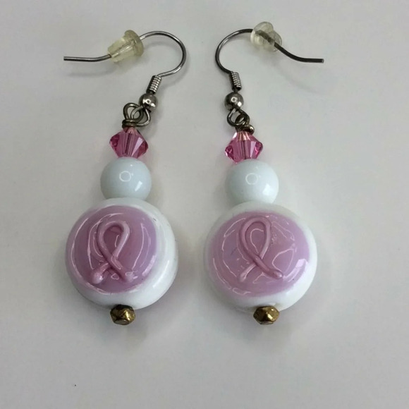 Handmade Pink & White Cancer Survivor Earrings - Picture 2 of 4